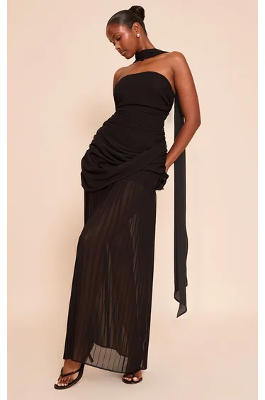 Black Chiffon Scarf Detail Bandeau Ruched Maxi Dress
