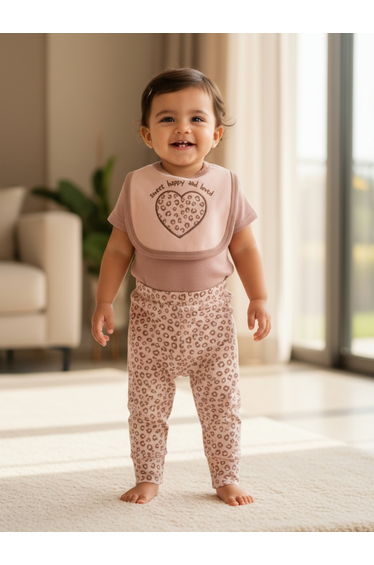 3-Piece Heart Graphic Bodysuit, Leopard Pants and Bib Set