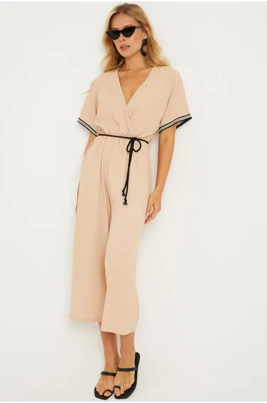 Women's Vanilla Ethnic Patterned Belted Jumpsuit