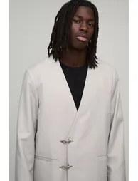 Collarless Fireman Clasp Oversized Blazer - stone - 2