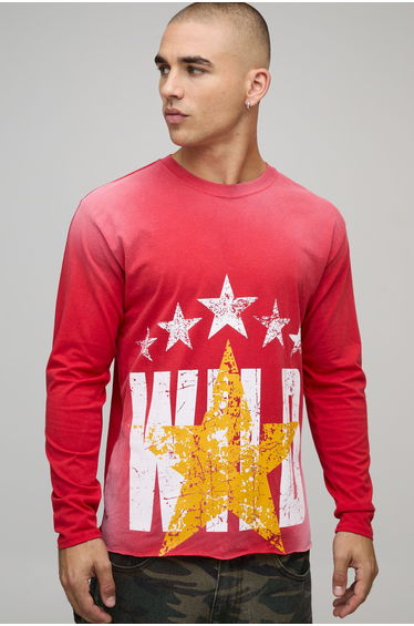 Boxy Western Wild Star Washed Long Sleeve Printed T-Shirt - red