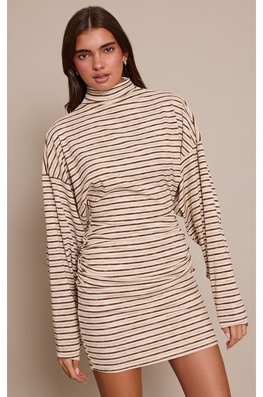 Chocolate Striped Batwing Ruched Bodycon Dress