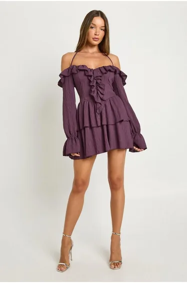 Crinkle Ruffle Layered Mini Dress - plum