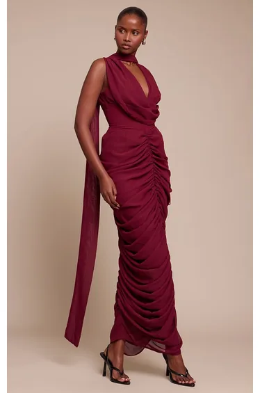 Wine Chiffon Scarf Detail Ruched Maxi Dress