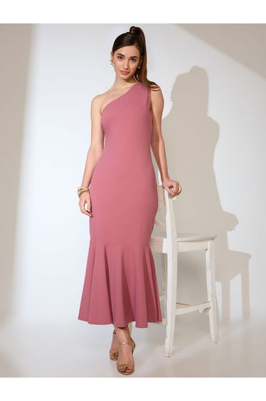 Women Pink One Shoulder Flared Hem Maxi Dress
