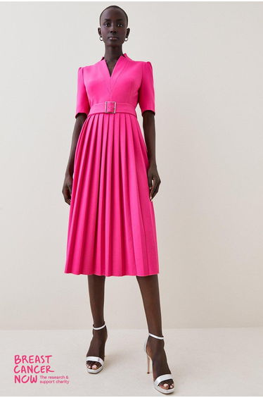Structured Crepe Forever Pleat Belted Midi Dress