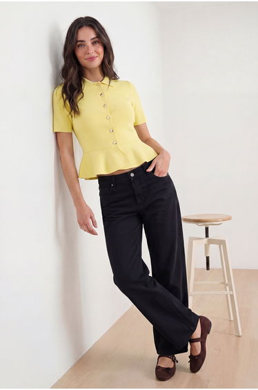 Yellow Peplum/Waist Fitted Button Detailed Knitwear Blouse