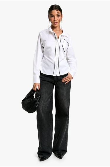 CONTRAST PIPING TIE BACK SHIRT