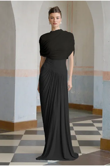 Catherine Black Asymmetrical Pleated Maxi Dress
