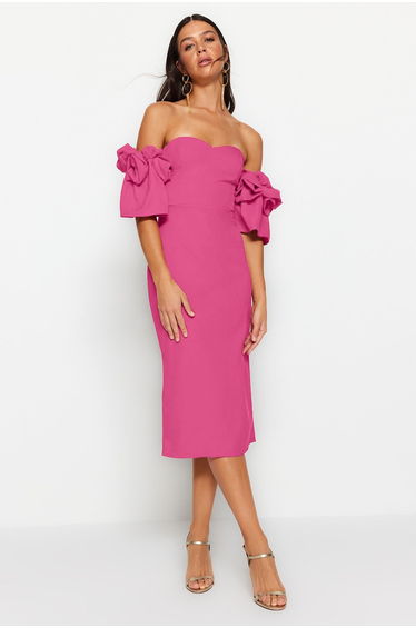 Fuchsia Rose Accessory Detailed Woven Elegant Evening Dress