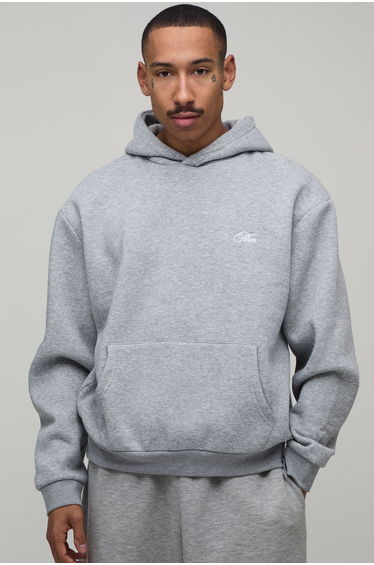Oversized Boxy Man Script Embroidered Hoodie - grey marl