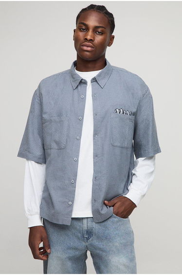 Oversized Man Applique Faux Layer Check Shirt - grey