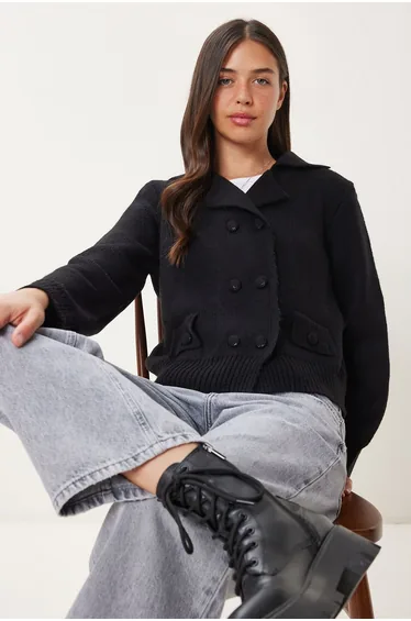 Women's Black Double Buttoned Knitted Cardigan