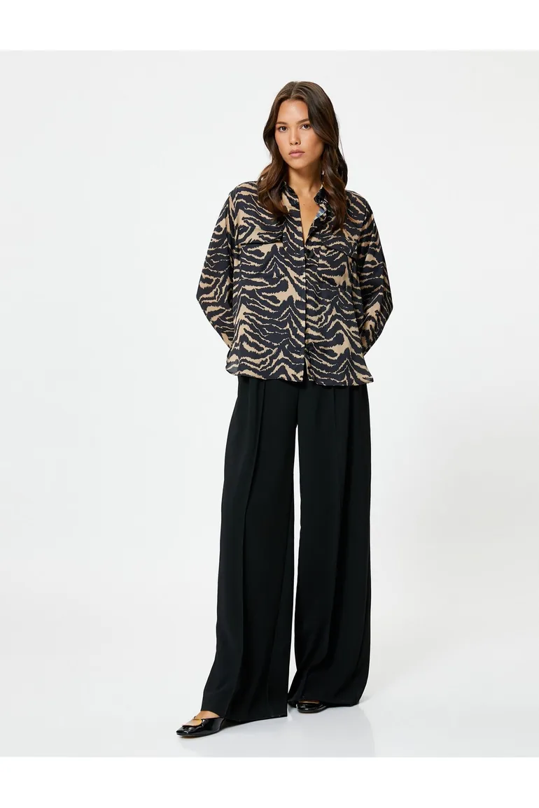 Satin Shirt Zebra Pattern Pocket Buttoned Long Sleeve