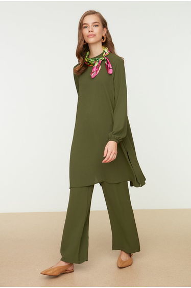 Khaki Elastic Sleeves, Wide Legs Aerobin Tunic-Pants Weave Suit