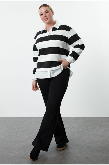 Black-White Striped Knitted Sweatshirt with Shirt Detachable from the Bottom