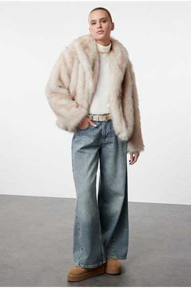 Ecru Regular Fit Fur Coat