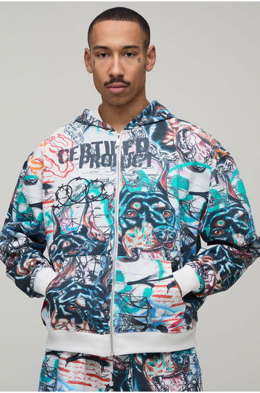 Oversized Boxy All Over Graffiti Print Zip Through Hoodie - ecru