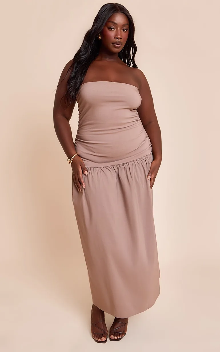 taupe stretch woven bandeau ruched maxi dress Women's Taupe Stretch Woven Bandeau Ruched Maxi Dress