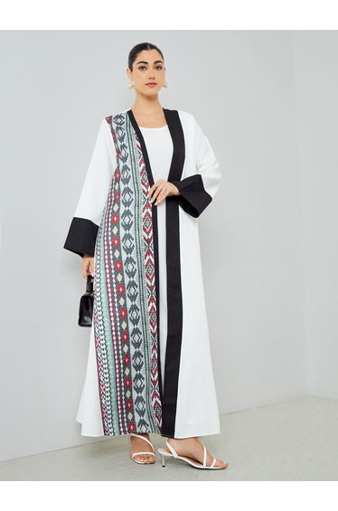 White Open Front Abaya with Printed Panel