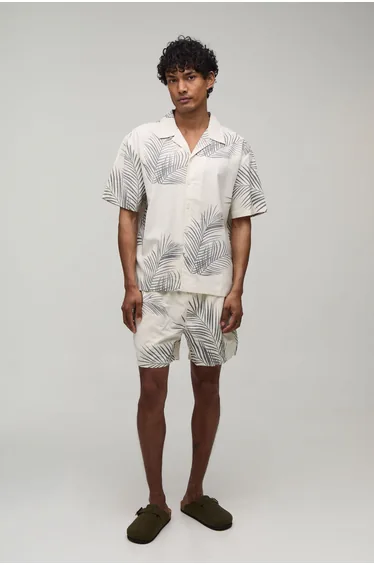 Oversized Palm Print Shirt and Short Set - natural
