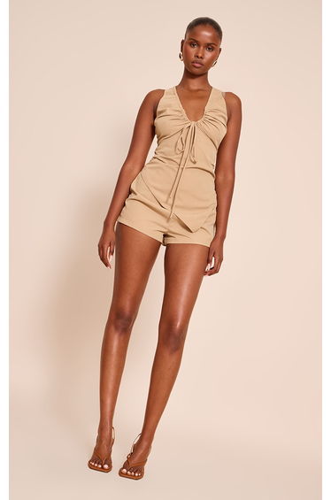 Camel Woven Ruched Bow Detail Playsuit