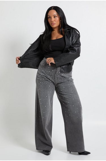 Plus Embellished High Waist Straight Leg Jean - grey