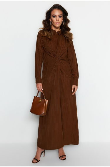 Brown Column Maxi Shirt Dress with Long Sleeve