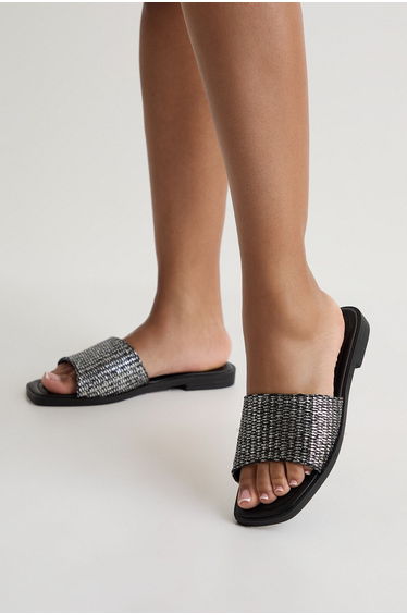 Wide Fit Metallic Raffia Sliders - black