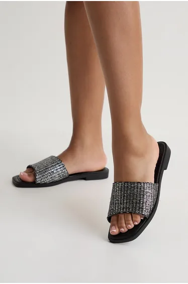 Wide Fit Metallic Raffia Sliders - black