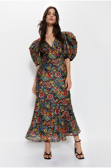 Floral Paisley Print Puff Sleeve V Neck Dress