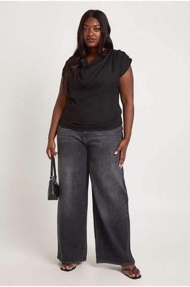 Plus Chiffon High Cowl Neck Top - black