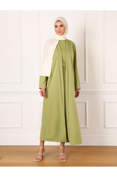 Olive Green Waist Tie Up Maxi Dress with Kimono Co-Ords