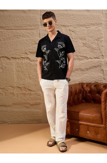 Black Embroidered Pattern Casual Shirt