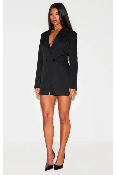 Black Woven Double Breasted Cinched Waist Blazer Dress