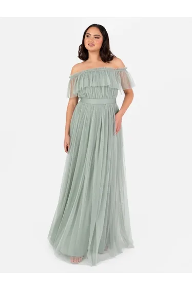 Anaya With Love Recycled Frosty Green Bardot Maxi Dress with Sash Belt