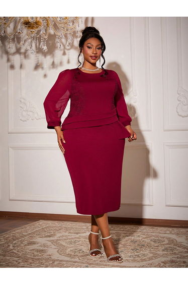 Leely Plus Women's Elegant Round Neck Bishop Sleeve Party Dresses