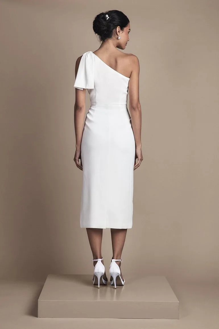 Bow One Shoulder Midi Wedding Dress - 2