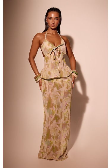 Olive Abstract Print Chiffon Beach Maxi Skirt