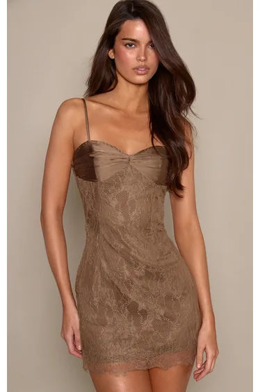 Mocha Lace Spaghetti Strap Mini Shift Dress