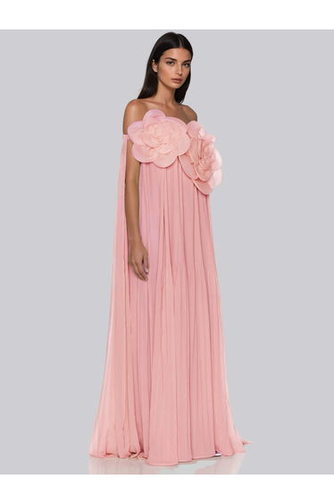Grythalen Off Shoulder Flower Pleated Maxi Dress In Pink
