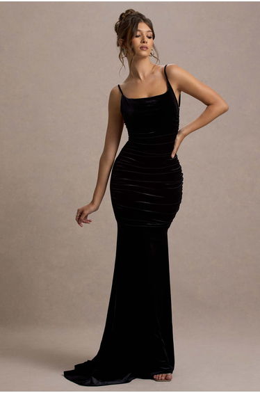 Adele | Black Velvet Ruched Strappy Fishtail floor Dress