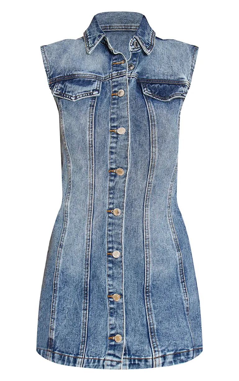 Mid Blue Wash Boxy Shoulder Denim Shirt Dress Prettylittlething Blue :  Holiday Dresses : VogaCloset Oman