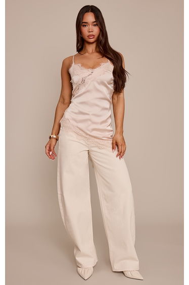 Champagne Satin Lace Detail Asymmetric Long Top