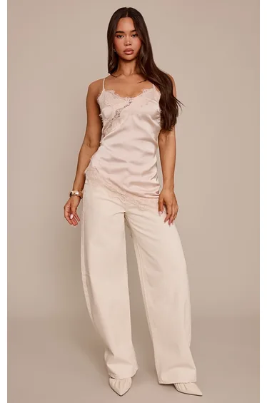 Champagne Satin Lace Detail Asymmetric Long Top