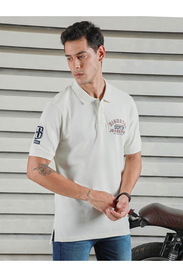 Slogan Print Regular Fit Polo Neck T-Shirt