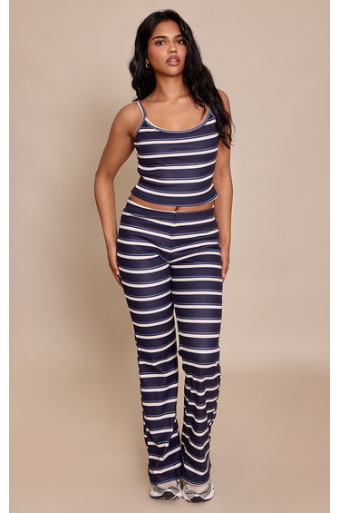 Petite Navy Stripe Mid Rise Flare Trousers