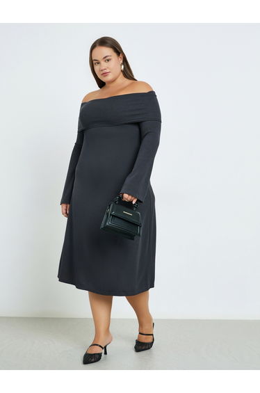 Plus Size Bardot Neck Ribbed Midi Dress