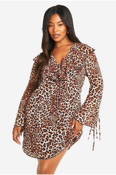 Plus Woven Leopard Ruffle Shift Dress - leopard product thumbnail 2