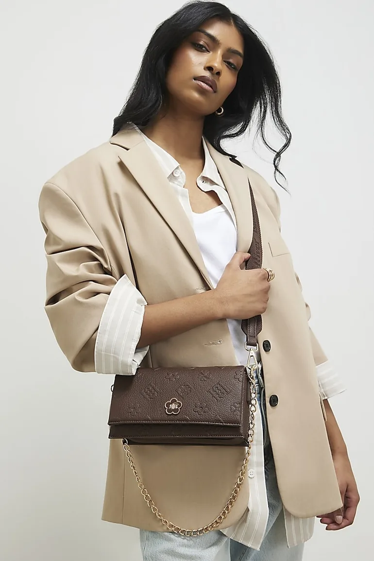 Brown Embossed Monogram Cross Body Bag - 1